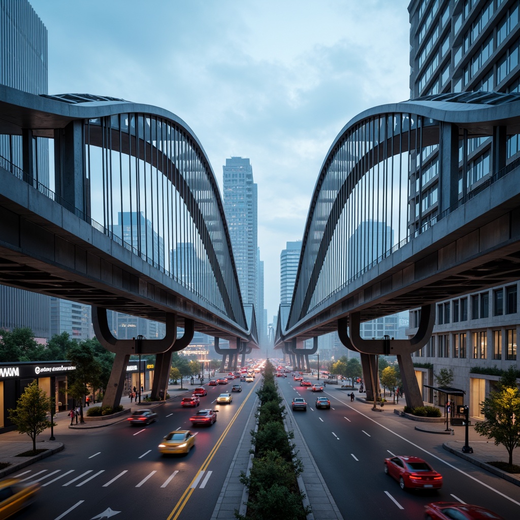 Prompt: Futuristic bridge design, sleek metal arches, cable-stayed suspension systems, gleaming steel beams, modern LED lighting, dynamic motion blur, misty atmospheric effects, urban cityscape, busy highway traffic, concrete piers, robust pillars, asymmetrical geometry, innovative materials, titanium alloy components, bold architectural lines, high-contrast color scheme, dramatic shadows, low-angle photography, 1-point perspective composition, cinematic atmosphere.