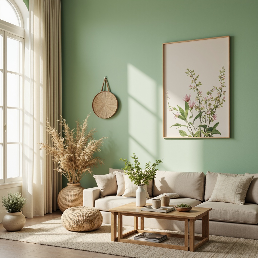 Prompt: Soft mint walls, pale lime accents, creamy ivory trim, natural woven fibers, organic textures, earthy ceramics, botanical prints, delicate florals, warm beige furniture, gentle ambient lighting, soft focus, shallow depth of field, 1/1 composition, serene atmosphere, peaceful ambiance.