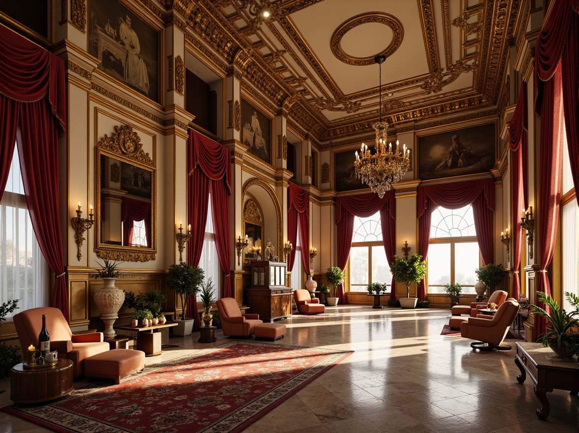 Prompt: Grandiose palace interior, ornate golden details, lavish velvet fabrics, intricately carved wooden furniture, crystal chandeliers, majestic archways, sweeping staircases, opulent marble floors, richly patterned rugs, luxurious silk drapes, gilded mirrors, dramatic lighting effects, warm candlelight ambiance, high ceilings, symmetrical composition, classical European architecture, 3D modeled ornaments, detailed molding textures, ambient occlusion.