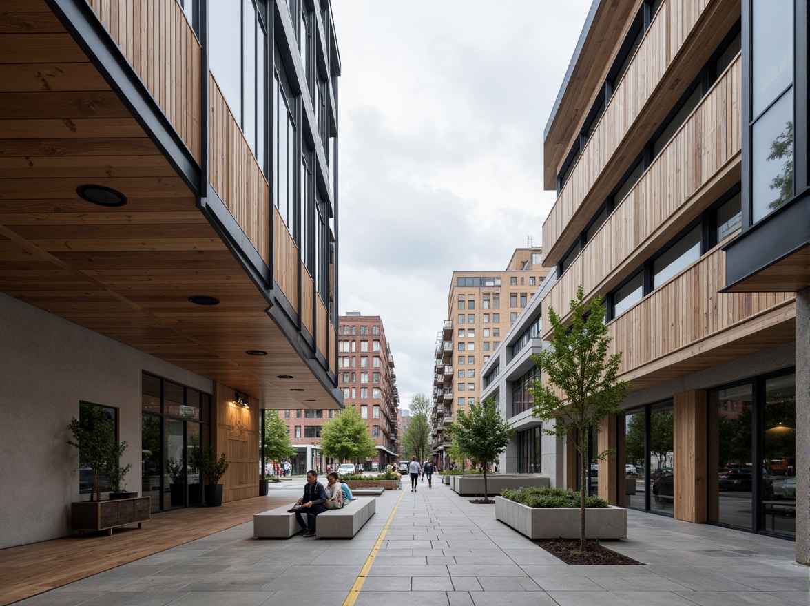 Prompt: Sleek modern buildings, sustainable materials, reclaimed wood accents, polished concrete floors, exposed steel beams, industrial chic aesthetic, eco-friendly glass facades, minimal ornamentation, functional simplicity, brutalist influences, urban cityscape, cloudy grey sky, soft natural lighting, 1/1 composition, shallow depth of field, realistic textures, ambient occlusion.