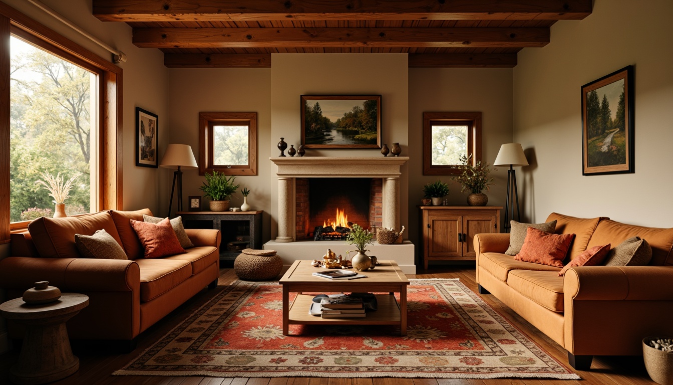 Prompt: Cozy living room, warm beige walls, comfortable couches, soft cushions, natural wood furniture, earthy tone rugs, vintage decorative items, warm golden lighting, crackling fireplace, autumnal color scheme, burnt orange accents, rich brown leather, inviting atmosphere, shallow depth of field, 1/1 composition, realistic textures, ambient occlusion.