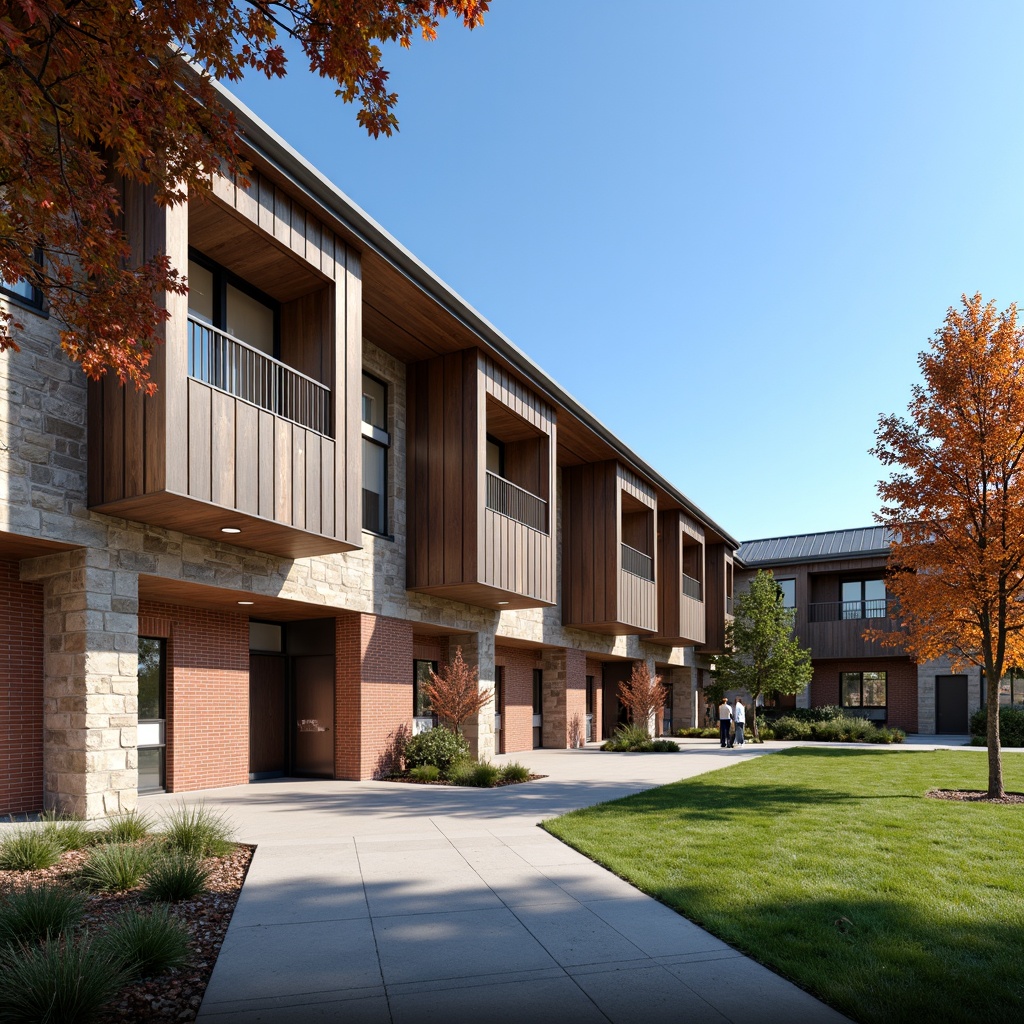 Prompt: Rustic high school building, earthy tone brick facade, natural stone walls, metal roofing, industrial-style windows, wooden accents, bold color schemes, geometric patterns, modern minimalist design, functional layout, ample natural lighting, shaded outdoor spaces, sports field views, clear blue sky, warm sunny day, shallow depth of field, 3/4 composition, realistic textures, ambient occlusion.