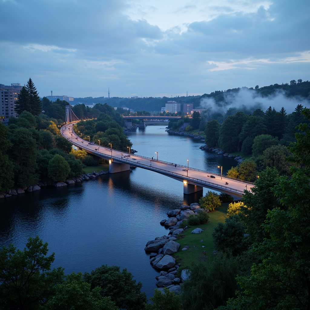 Prompt: Futuristic bridge design, sleek metallic structures, LED lighting systems, winding rivers, lush green forests, misty atmosphere, dramatic skies, towering trees, natural stone banks, modern urban landscapes, high-rise buildings, bustling city life, vibrant night scenes, soft glowing lights, shallow depth of field, 1/2 composition, panoramic view, realistic textures, ambient occlusion.