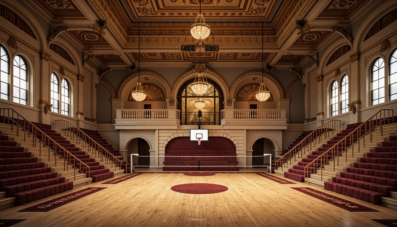 Prompt: Grandiose gymnasium, ornate facades, intricately carved stonework, imposing archways, grand entrances, sweeping staircases, luxurious wooden flooring, regal chandeliers, athletic equipment, basketball courts, volleyball nets, spectator seating, richly patterned rugs, opulent drapery, dramatic ceiling heights, warm golden lighting, shallow depth of field, 1/2 composition, realistic textures, ambient occlusion.