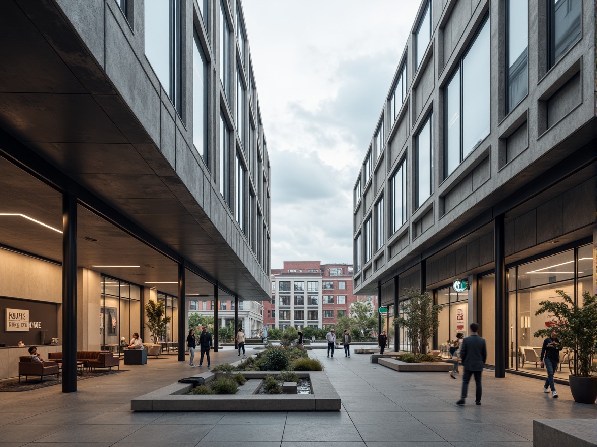 Prompt: Industrial-style buildings, rectangular forms, clean lines, minimal ornamentation, functional simplicity, exposed ductwork, metal beams, concrete floors, large windows, glass facades, cantilevered roofs, open floor plans, geometric shapes, primary color schemes, bold typography, steel columns, minimalist decor, urban cityscape, cloudy sky, dramatic shadows, high contrast lighting, 1/1 composition, symmetrical framing, realistic materials, ambient occlusion.