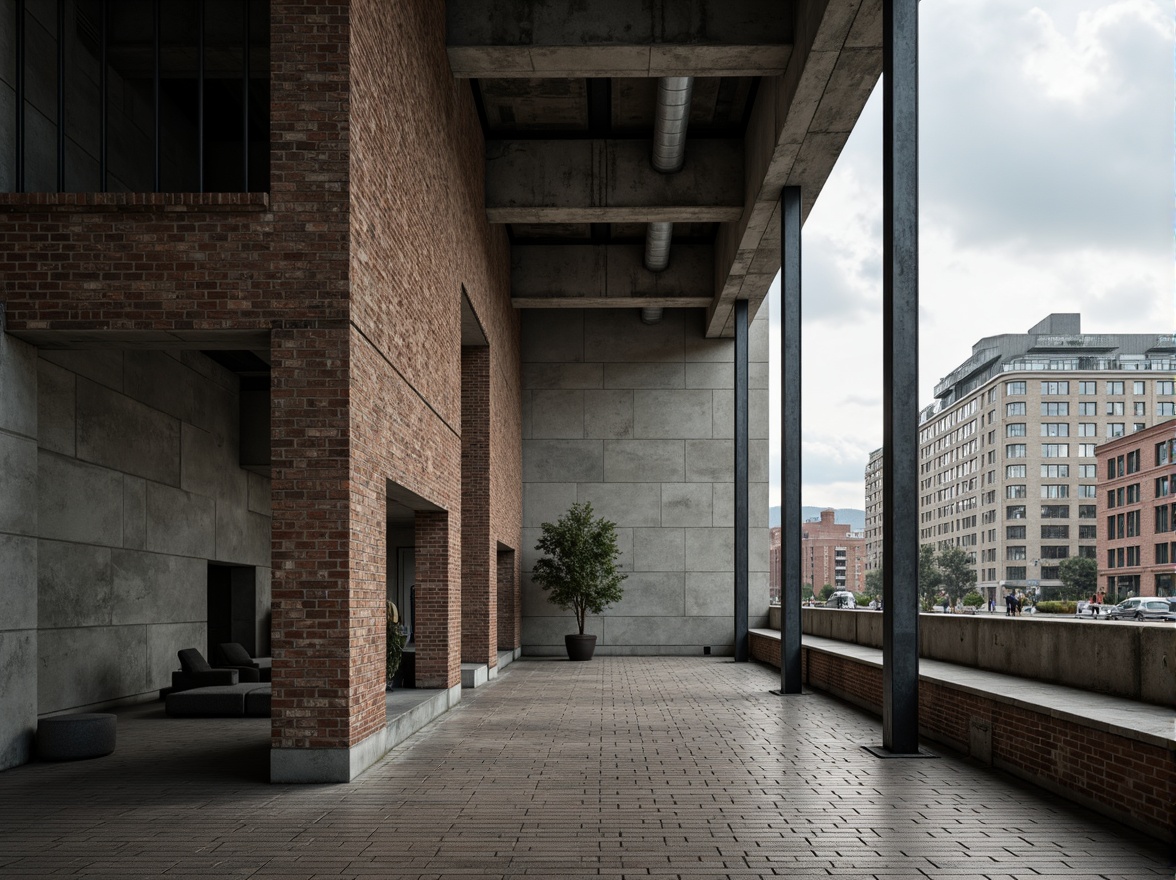 Prompt: Rough-hewn concrete walls, exposed ductwork, industrial metal beams, weathered steel surfaces, tactile brick facades, raw wooden accents, distressed stone flooring, minimalist ornamentation, dramatic natural light, moody atmospheric shading, high-contrast photography, bold geometric forms, monumental scale, urban cityscape, overcast skies, dramatic clouds, harsh shadows, gritty realism.