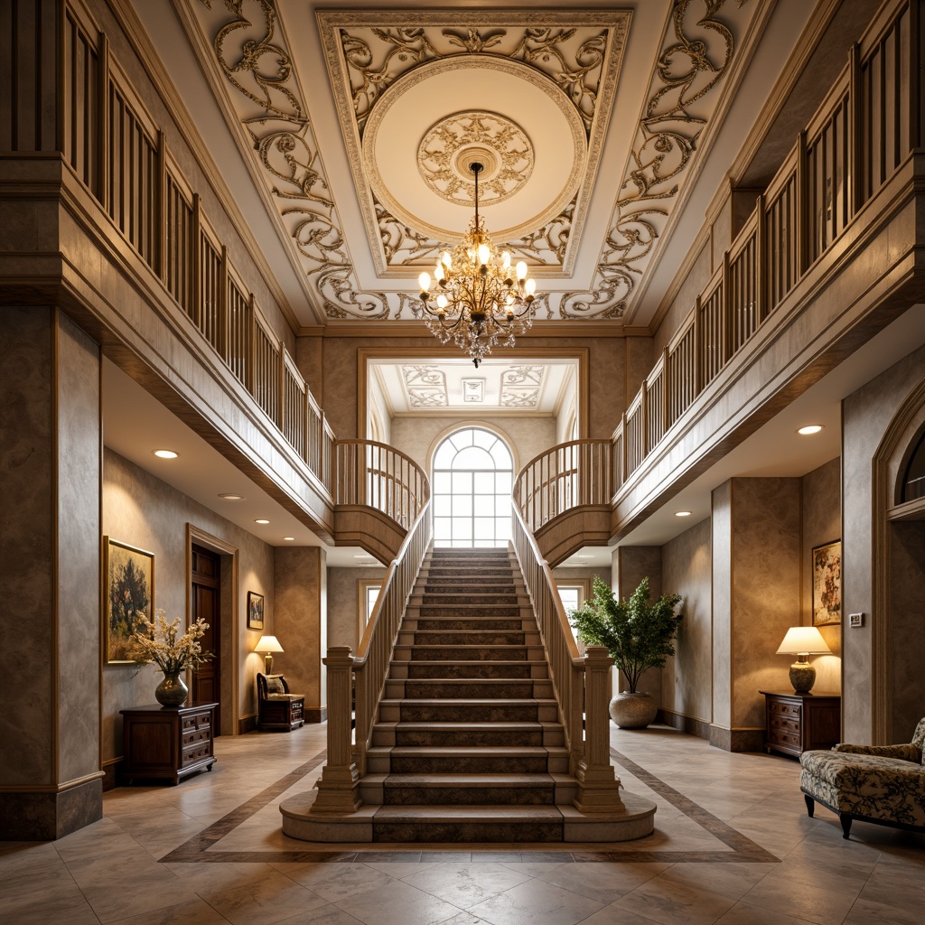 Prompt: Intricate plaster moldings, ornate ceiling details, grand staircase, opulent chandelier, lavish furnishings, luxurious materials, marble columns, ornamental archways, delicate filigree patterns, soft warm lighting, shallow depth of field, 3/4 composition, realistic textures, ambient occlusion.