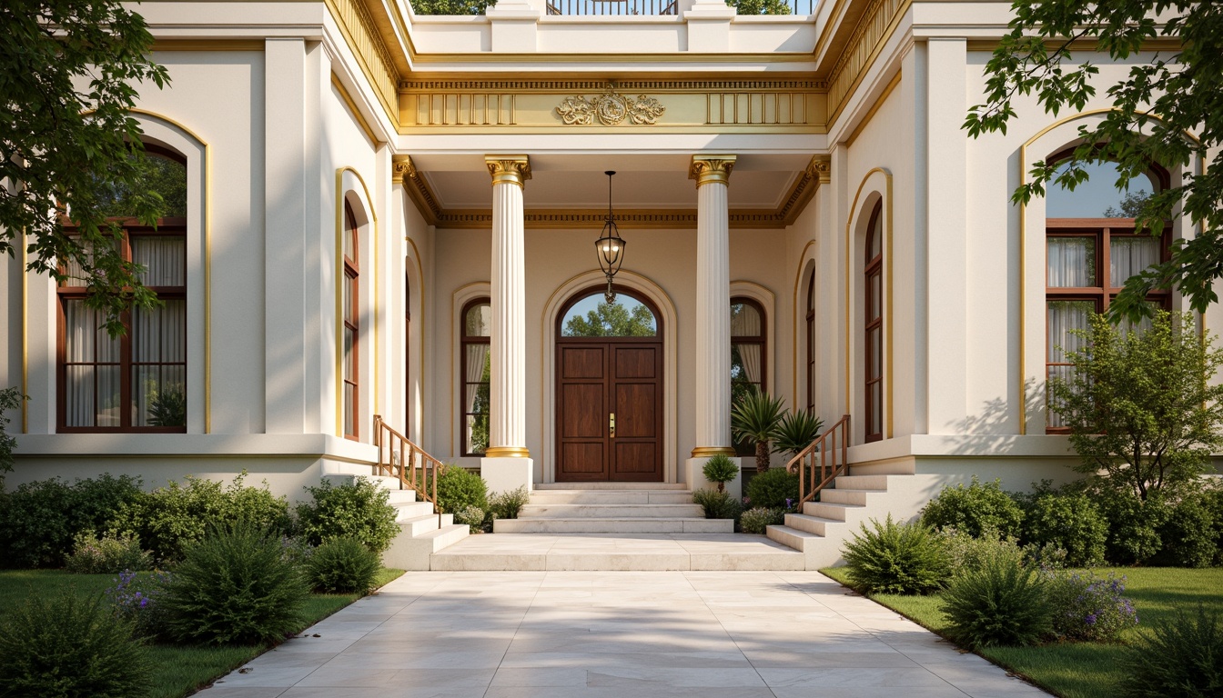 Prompt: Majestic neoclassical buildings, creamy white marble columns, ornate golden details, soft beige stone walls, rich brown wooden doors, vibrant greenery, lush foliage, subtle warm lighting, high-contrast shadows, symmetrical composition, 2/3 rule, shallow depth of field, realistic textures, ambient occlusion.