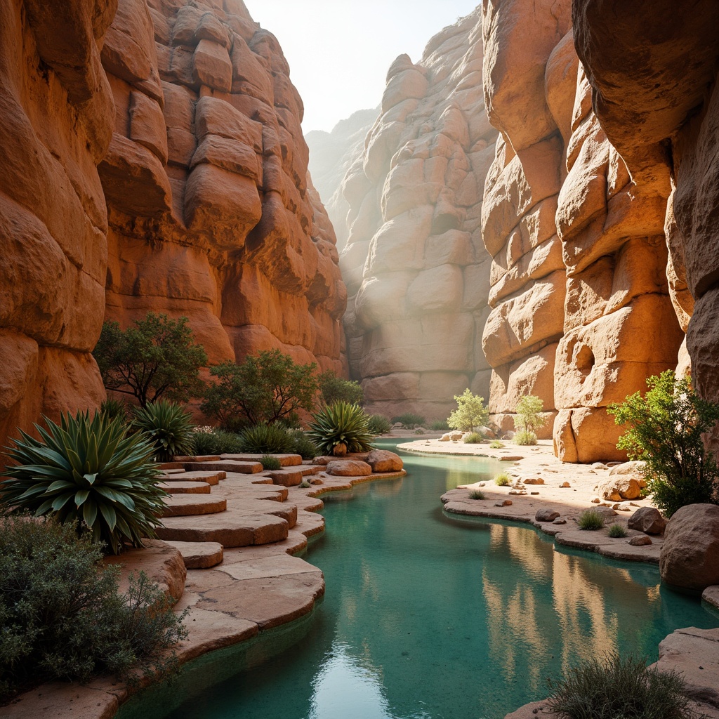 Prompt: \Ethereal canyon landscape, warm sandy beiges, burnt orange rock formations, turquoise water reflections, lush green cacti, misty atmospheric effects, soft warm lighting, shallow depth of field, 1/1 composition, realistic textures, ambient occlusion, natural stone pathways, rugged terrain, earthy tones, weathered wooden accents, vibrant turquoise accents, creamy whites, rusty reds, dusty browns.\