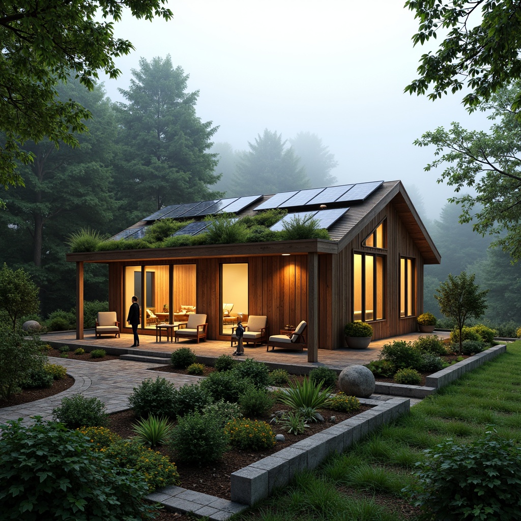 Prompt: Eco-friendly cabin, reclaimed wood exterior, living green roof, solar panels, rainwater harvesting system, natural stone foundation, organic garden, lush vegetation, misty forest surroundings, warm soft lighting, shallow depth of field, 1/1 composition, panoramic view, realistic textures, ambient occlusion.