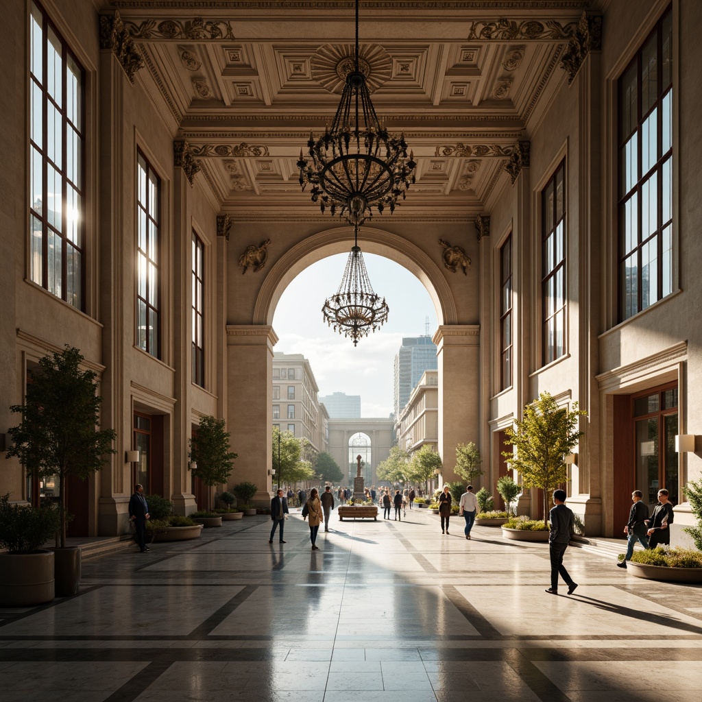 Prompt: Grandiose office building, neoclassical architecture, majestic columns, ornate capitals, intricate carvings, marble floors, elegant chandeliers, high ceilings, large windows, symmetrical facades, subtle color palette, sophisticated atmosphere, afternoon sunlight, soft warm lighting, shallow depth of field, 1/2 composition, realistic textures, ambient occlusion.