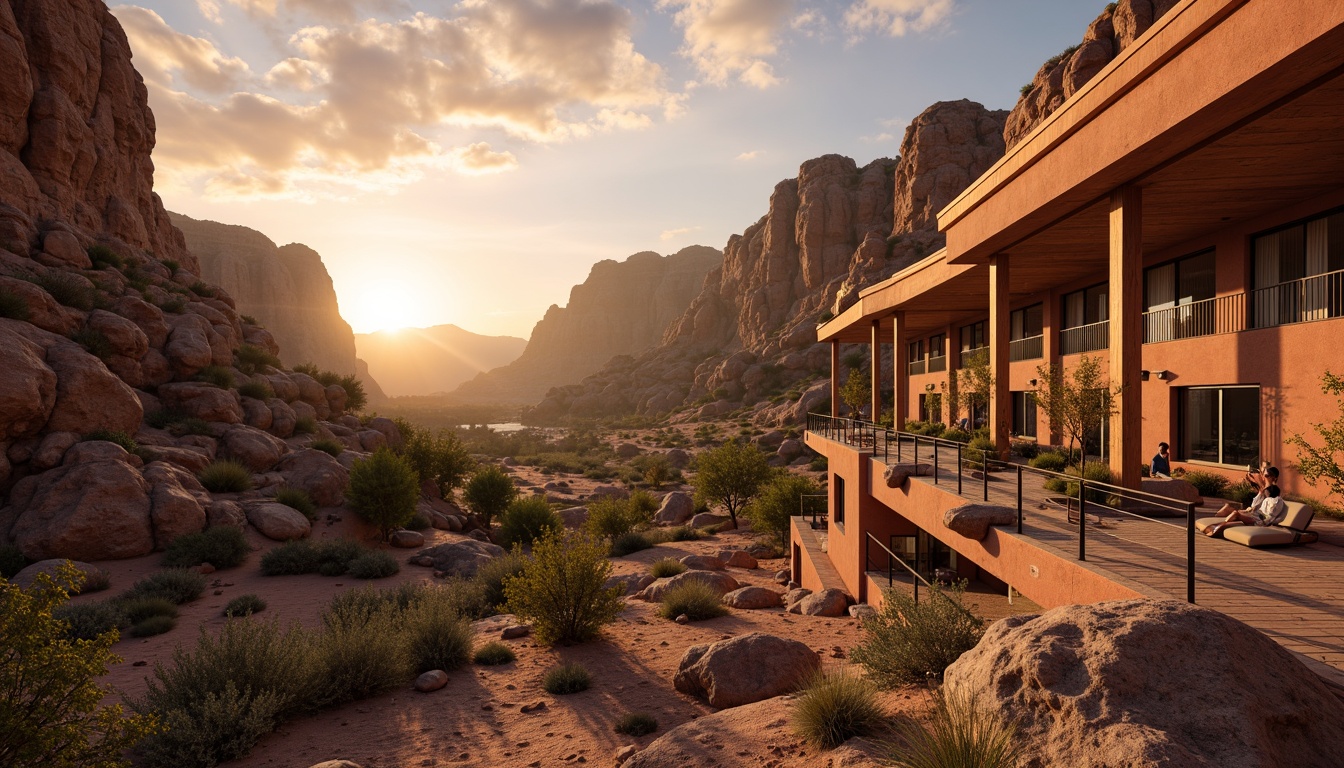 Prompt: Rugged canyon landscape, rocky formations, sandy terrain, cacti and succulents, dramatic sunset, warm golden light, rust-colored buildings, earthy tones, natural stone walls, wooden accents, geometric patterns, intricate stonework, cantilevered roofs, large windows, sliding glass doors, panoramic views, 3/4 composition, atmospheric perspective, soft warm lighting, realistic textures, ambient occlusion.