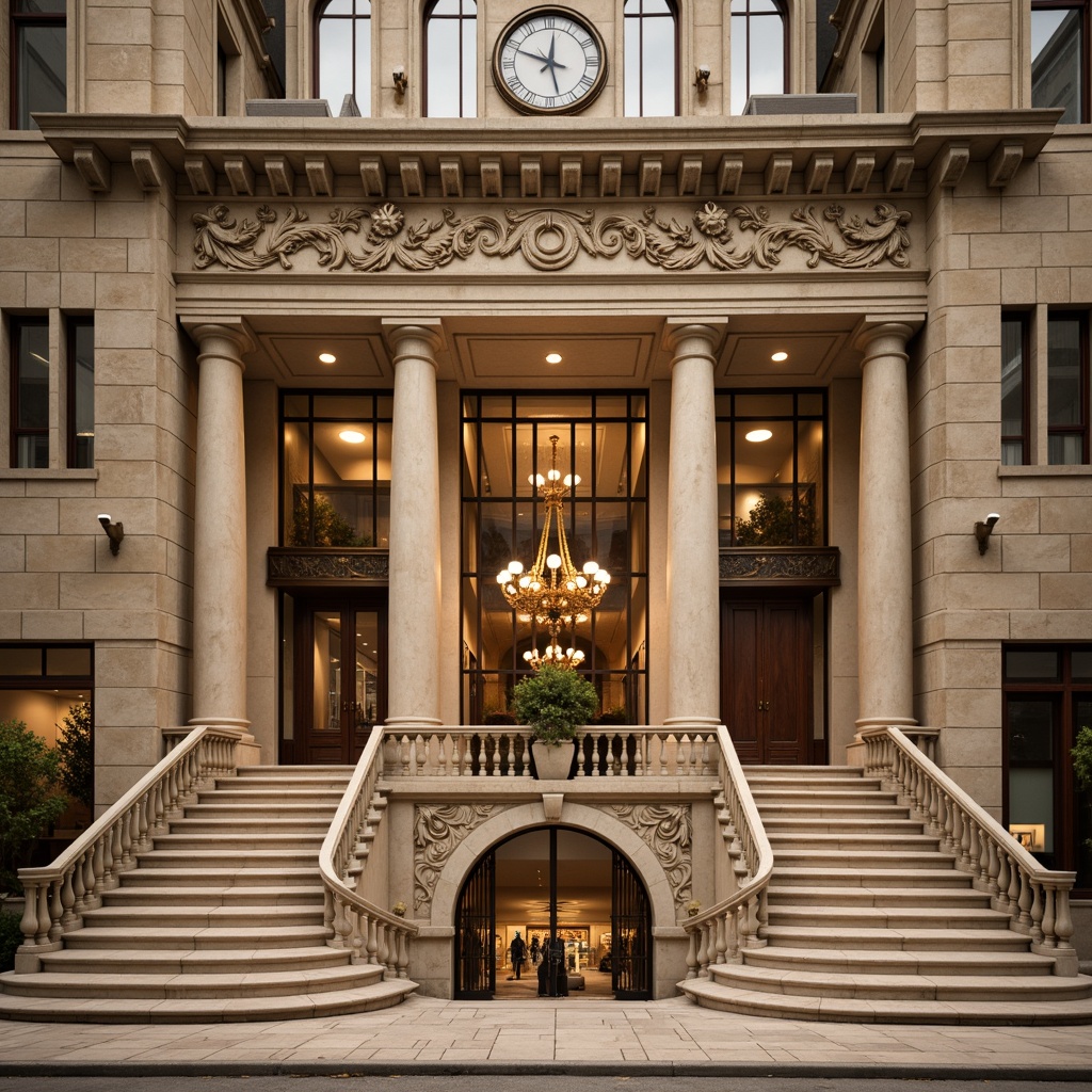 Prompt: Grandiose bank facade, neoclassical columns, ornate carvings, intricate moldings, rusticated stone walls, symmetrical composition, imposing entrance, bronze doors, ornamental metalwork, classic clock tower, grand staircase, luxurious marble floors, high ceilings, dramatic chandelier lighting, warm beige color scheme, subtle texture variations, realistic architectural details, ambient occlusion, shallow depth of field, 1/1 composition, panoramic view.