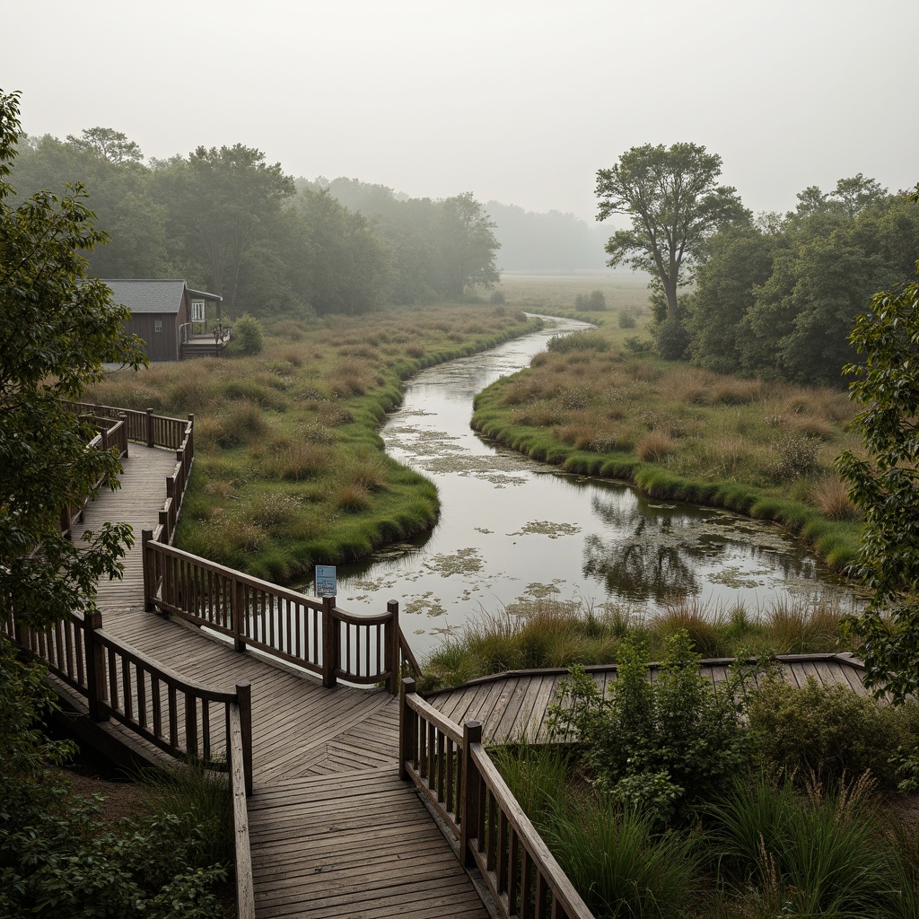 Prompt: Serenely integrated landscape, meandering waterways, lush wetland vegetation, diverse aquatic life, naturalistic boardwalks, observation decks, educational signage, weathered wooden bridges, rustic metal railings, soft misty atmosphere, warm diffused lighting, shallow depth of field, 2/3 composition, panoramic view, realistic textures, ambient occlusion.