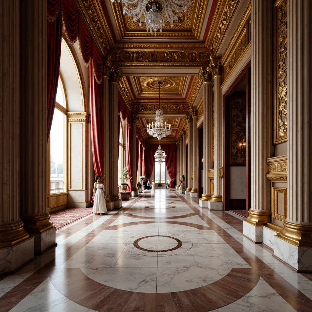 Prompt: Marble floors, ornate columns, intricately carved wooden paneling, luxurious velvet fabrics, golden metallic accents, crystal chandeliers, soft warm lighting, shallow depth of field, 3/4 composition, symmetrical balance, classical proportions, ornamental moldings, egg-and-dart motifs, acanthus leaf patterns, subtle gradient maps, realistic reflections, ambient occlusion.