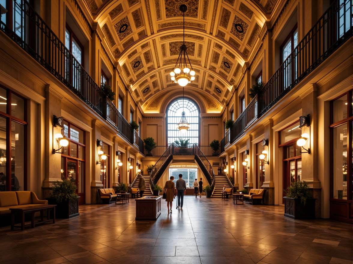 Prompt: Grandiose train station, ornate chandeliers, warm golden lighting, high ceilings, marble floors, intricate moldings, Victorian-era inspired architecture, grand staircases, luxurious waiting lounges, ornamental metalwork, softbox diffused lighting, warm color temperatures, 1/1 composition, symmetrical framing, realistic reflections, ambient occlusion.