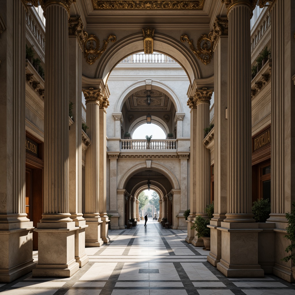 Prompt: Grandiose bank building, symmetrical fa\u00e7ade, Ionic columns, ornate carvings, rusticated bases, pedimented entrance, grand atrium, high ceilings, marble flooring, intricate moldings, gilded decorations, solemn ambiance, natural light pouring in, subtle shadows, 1/1 composition, frontal view, realistic textures, ambient occlusion.