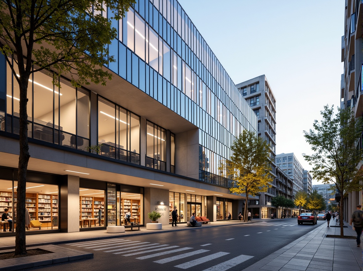 Prompt: Modern library building, large windows, translucent facades, natural light filtering, minimalist interior design, wooden shelves, bookshelves, reading tables, comfortable seating areas, warm color tones, soft artificial lighting, 1/1 composition, shallow depth of field, realistic textures, ambient occlusion, urban cityscape, tree-lined streets, pedestrian sidewalks, sunny afternoon, gentle breeze.