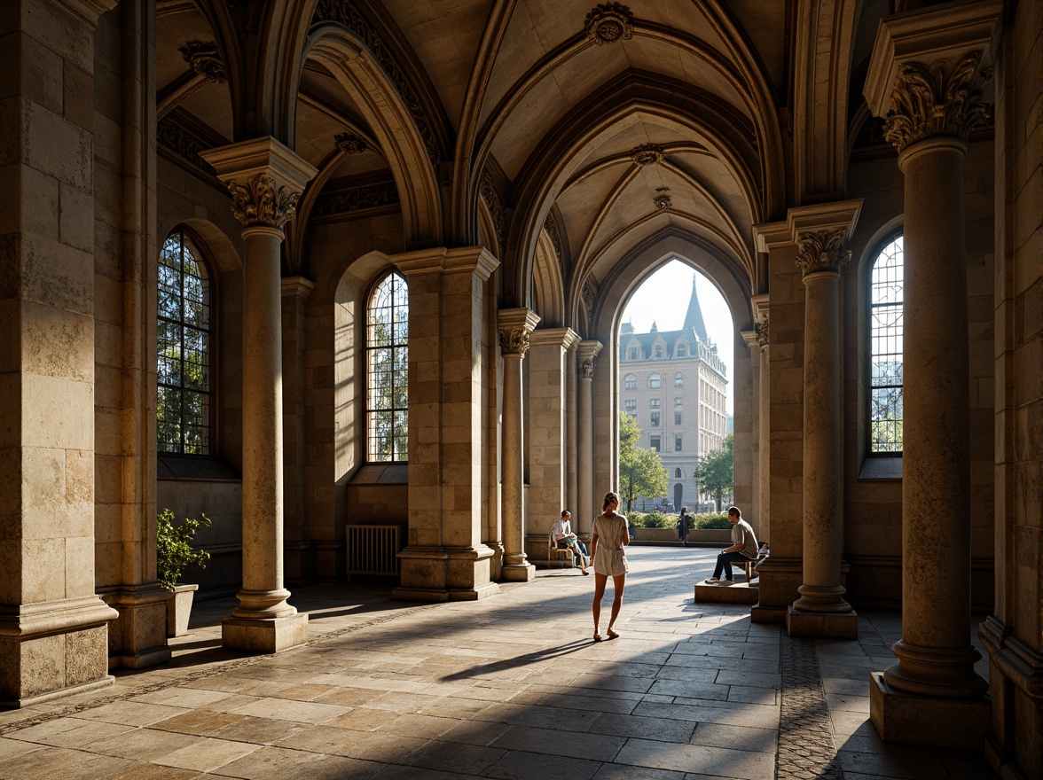 Prompt: Rustic university campus, weathered stone walls, Gothic architecture, pointed arches, ribbed vaults, ornate carvings, grandiose entrance halls, stone columns, intricate tracery, stained glass windows, mystical ambiance, warm soft lighting, dramatic shadows, 1/1 composition, high contrast ratio, realistic stone textures, ambient occlusion.