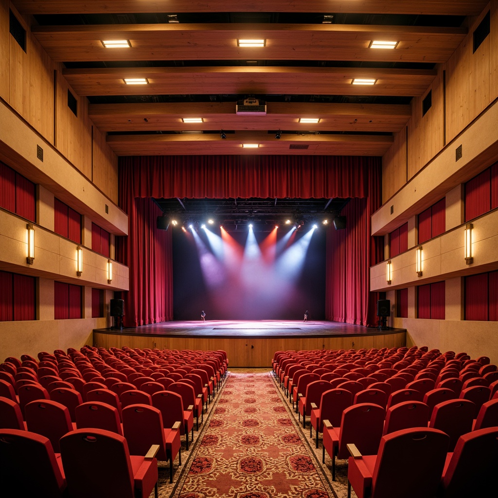 Prompt: Vibrant auditorium interior, rich wood tones, bold red seats, golden lighting fixtures, dynamic color contrasts, harmonious palettes, stimulating visual effects, immersive atmosphere, elevated stage design, dramatic spotlights, warm beige walls, comfortable velvet curtains, polished metal accents, intricate patterned rugs, soft ambient glow, 3-point lighting setup, realistic textures, high-contrast ratio, cinematic ambiance.