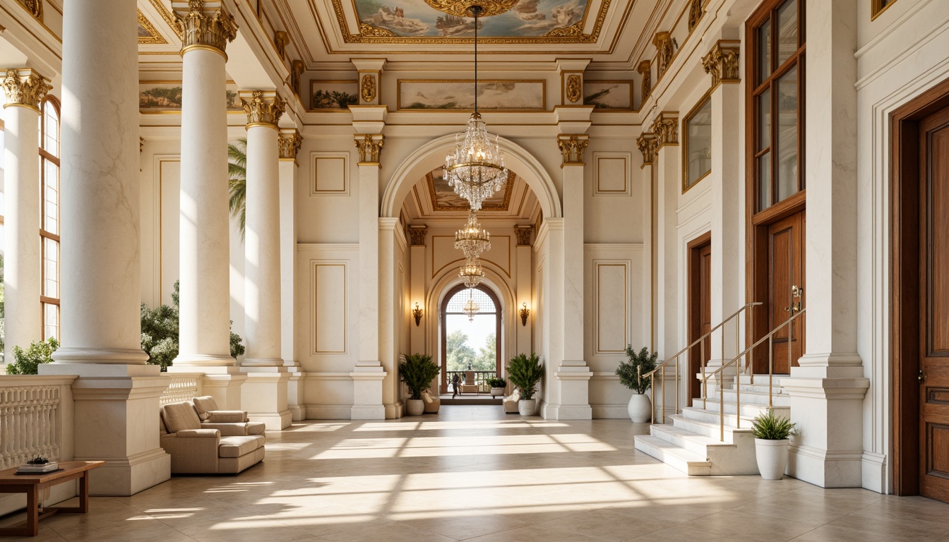 Prompt: Majestic classicism structure, ivory white marble columns, ornate golden details, soft cream walls, rich walnut wood accents, elegant archways, grandiose staircases, crystal chandeliers, warm beige stone floors, subtle cream-colored frescoes, decorative moldings, refined bronze fixtures, serene natural light, gentle warm shadows, 1/2 composition, symmetrical framing, realistic textures, ambient occlusion.