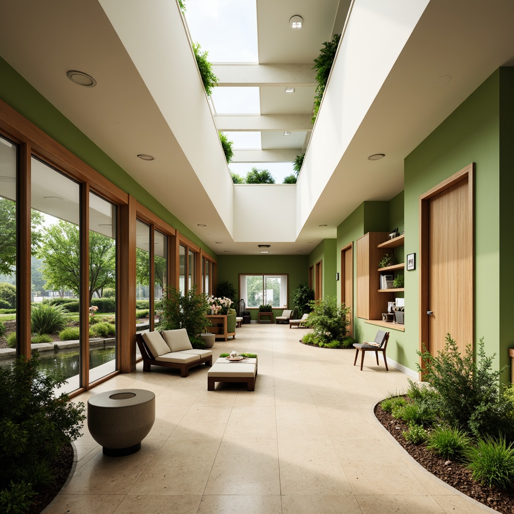 Prompt: \Soothing hospital interior, abundant natural light, warm wooden accents, calming green walls, comfortable patient rooms, large windows, clerestory lighting, skylights, solar tubes, reflective surfaces, minimal shading devices, gentle color palette, serene atmosphere, healing gardens, lush vegetation, peaceful water features, organic shapes, rounded edges, ergonomic furniture, acoustic comfort, noise reduction materials, warm beige flooring, subtle texture patterns, soft diffused light, shallow depth of field, 1/1 composition, realistic rendering.\