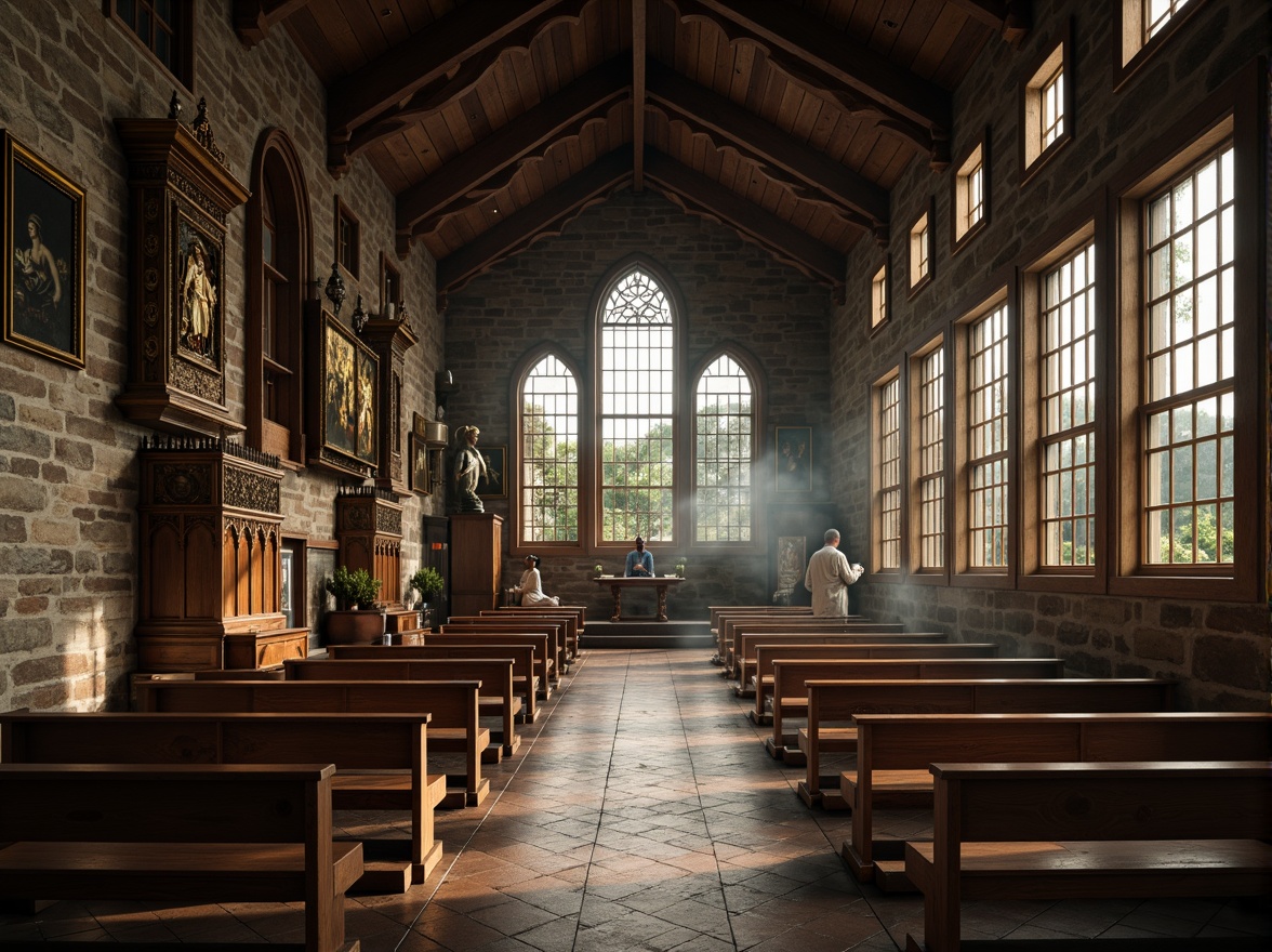 Prompt: Rustic stone walls, wooden beams, vaulted ceilings, stained glass windows, grand altarpieces, ornate pulpits, intricate carvings, sacred frescoes, dim warm lighting, atmospheric fog, symmetrical nave, Latin cross floor plan, traditional basilica architecture, rural surroundings, lush greenery, rolling hills, serene landscape, soft natural light, 1/1 composition, shallow depth of field, realistic textures.