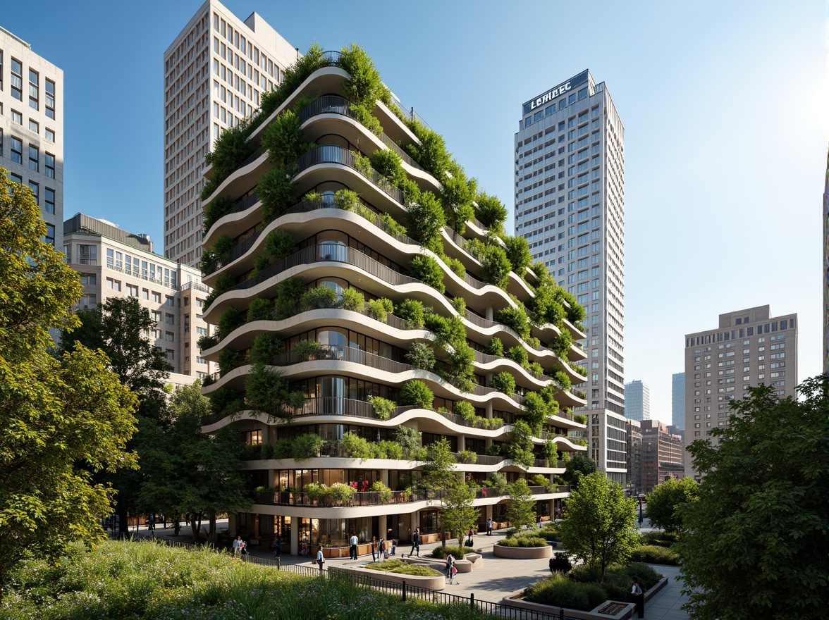 Prompt: Lush green roofs, verdant walls, organic skyscraper design, curvaceous lines, natural stone fa\u00e7ades, reclaimed wood accents, living walls, vertical gardens, tropical plants, vibrant flowers, misting systems, shaded outdoor spaces, modern urban oasis, bustling cityscape, clear blue sky, warm sunny day, soft natural lighting, shallow depth of field, 3/4 composition, panoramic view, realistic textures, ambient occlusion.