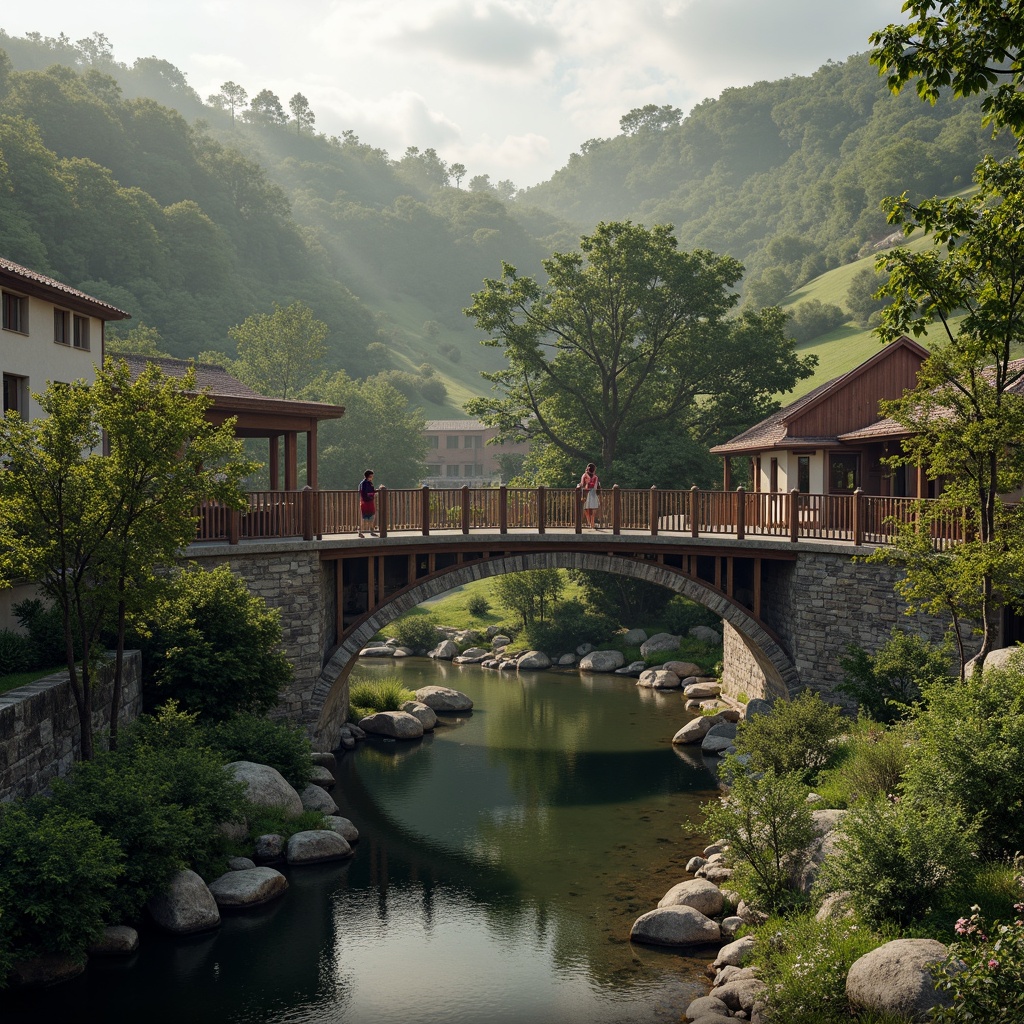 Prompt: Rustic bridges, regionalism style, natural stone arches, wooden railings, earthy tones, muted colors, verdant surroundings, lush greenery, serene water reflections, misty mornings, soft warm lighting, shallow depth of field, 3/4 composition, panoramic view, realistic textures, ambient occlusion, traditional craftsmanship, ornate metalwork, intricate stonework, historic cultural references, nostalgic ambiance, rural landscapes, rolling hills, meandering rivers, scenic vistas.