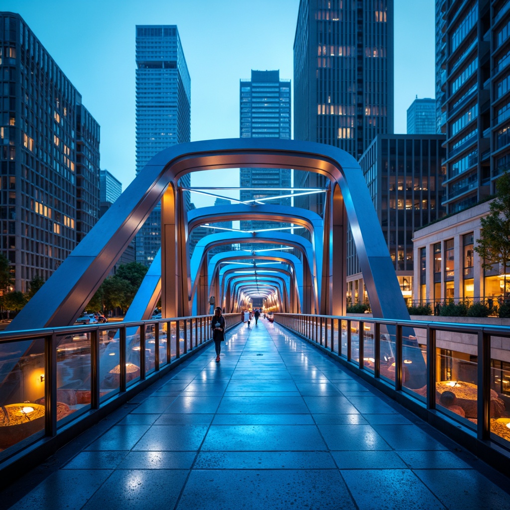 Prompt: Vibrant blue pedestrian bridge, sleek modern architecture, metallic beams, glass railings, LED light installations, urban cityscape, misty evening atmosphere, warm golden lighting, shallow depth of field, 3/4 composition, realistic reflections, ambient occlusion, bold geometric shapes, experimental structural design, futuristic engineering marvels, innovative material usage, bold color contrasts, neon accents, atmospheric fog effects, dynamic movement blur.