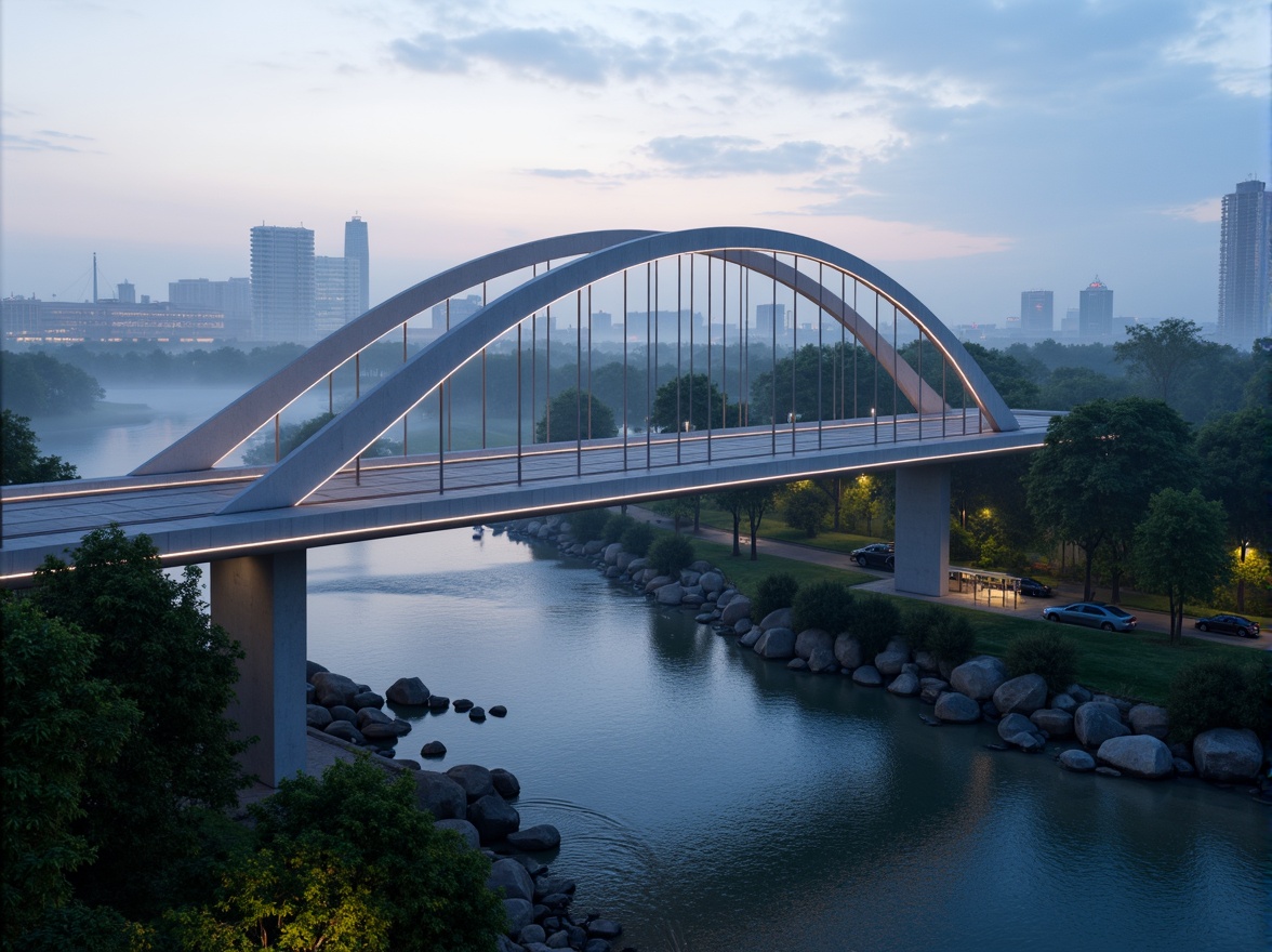 Prompt: Futuristic bridge design, sleek metal arches, LED lighting strips, misty morning atmosphere, lush green forest surroundings, serene river flow, natural stone embankments, modern urban skyline, high-rise buildings, vibrant city lights, dramatic fog effects, shallow depth of field, 1/2 composition, realistic reflections, ambient occlusion, dynamic water simulations.