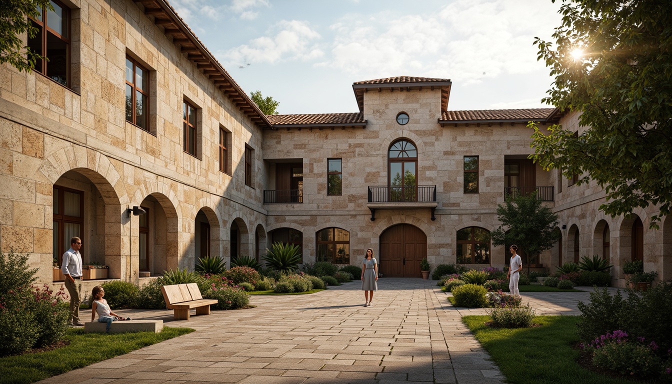 Prompt: Rustic hospital exterior, Romanesque architecture style, weathered stone walls, arched windows, ornate doorways, clay tile roofs, lush greenery, blooming flowers, serene courtyard, natural stone pathways, wooden benches, warm golden lighting, soft shadows, 1/1 composition, symmetrical framing, realistic textures, ambient occlusion, earthy tone color palette, rough-hewn stone accents, distressed wood finishes, elegant metal fixtures.