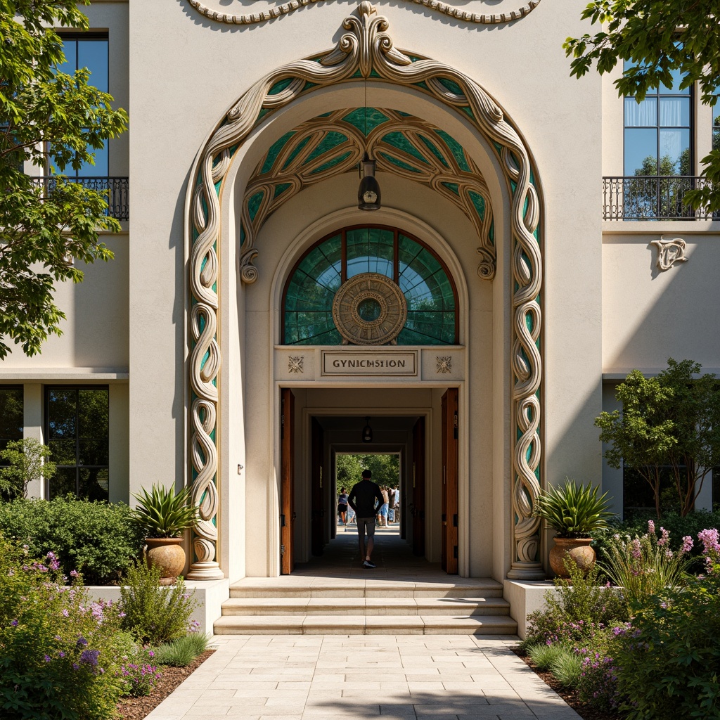 Prompt: Ornate gymnasium facade, sinuous Art Nouveau lines, flowing organic forms, ornamental ironwork, glazed ceramic tiles, vibrant turquoise accents, grand entrance archway, decorative stone carvings, lush greenery, blooming flowers, sunny afternoon, soft warm lighting, shallow depth of field, 1/1 composition, symmetrical architecture, elegant curves, intricate moldings, luxurious materials, opulent decorations, whimsical patterns.