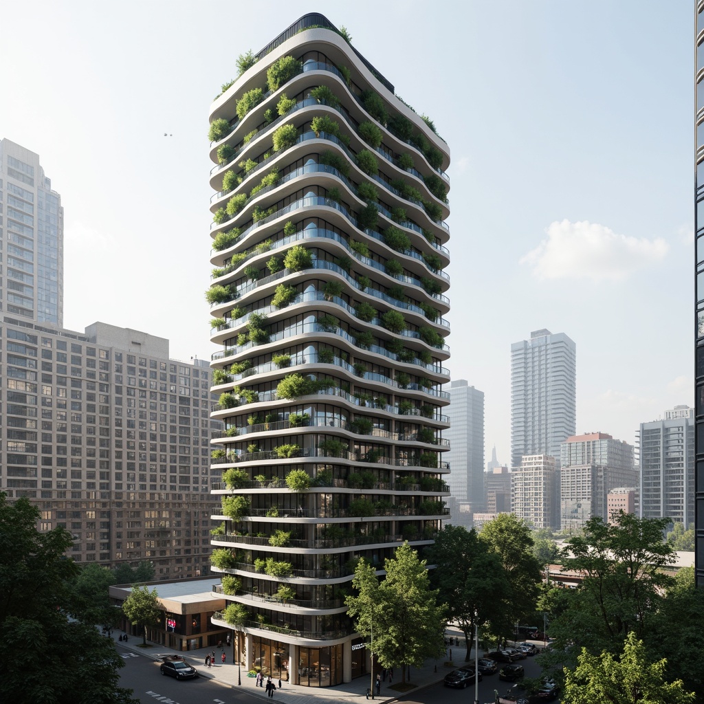 Prompt: Curvaceous skyscraper, undulating green walls, lush vertical gardens, organic shapes, natural stone fa\u00e7ade, cantilevered balconies, floor-to-ceiling windows, minimal steel frames, transparent glass roofs, panoramic city views, soft diffused lighting, 1/2 composition, atmospheric perspective, misty morning atmosphere, bustling urban streetscape, modern sustainable design, eco-friendly materials, energy-efficient systems, innovative ventilation technologies, airy open spaces, dynamic wind patterns.