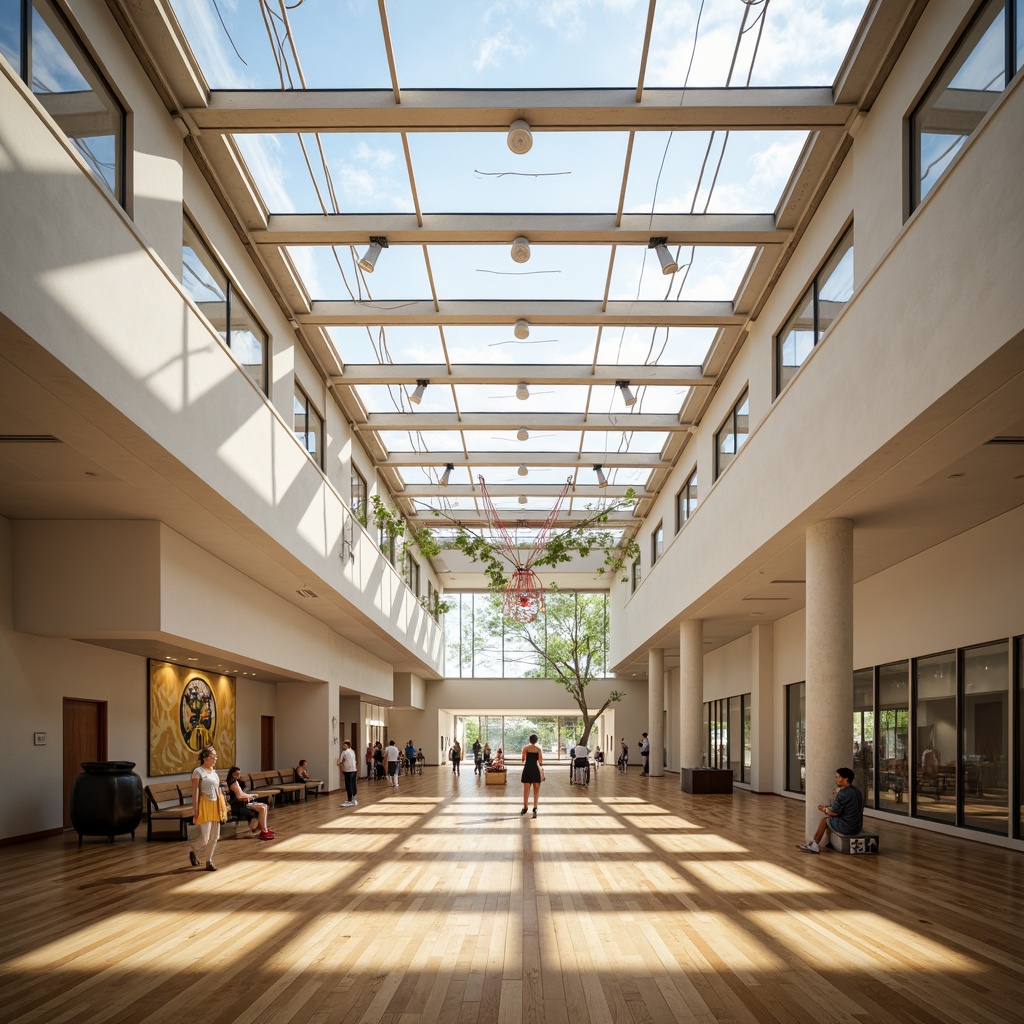 Prompt: Modern gymnasium interior, translucent roof panels, soft natural light, athletic equipment, wooden floors, minimalist design, sleek lines, open spaces, high ceilings, vibrant colors, dynamic textures, ambient occlusion, realistic reflections, shallow depth of field, 1/1 composition, panoramic view, warm and inviting atmosphere, natural ventilation systems, sustainable building materials, energy-efficient solutions.