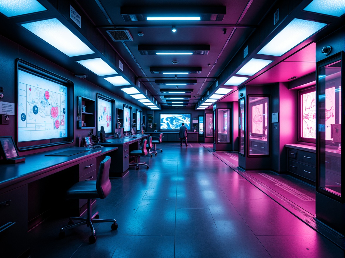 Prompt: Futuristic laboratory, neon-lit corridors, metallic surfaces, glowing accents, iridescent hues, electric blue tones, hot pink highlights, sleek black lines, minimalist decor, geometric patterns, holographic displays, virtual reality interfaces, cyberpunk ambiance, moody lighting, dramatic shadows, 3/4 composition, low-angle shots, cinematic atmosphere, realistic reflections.