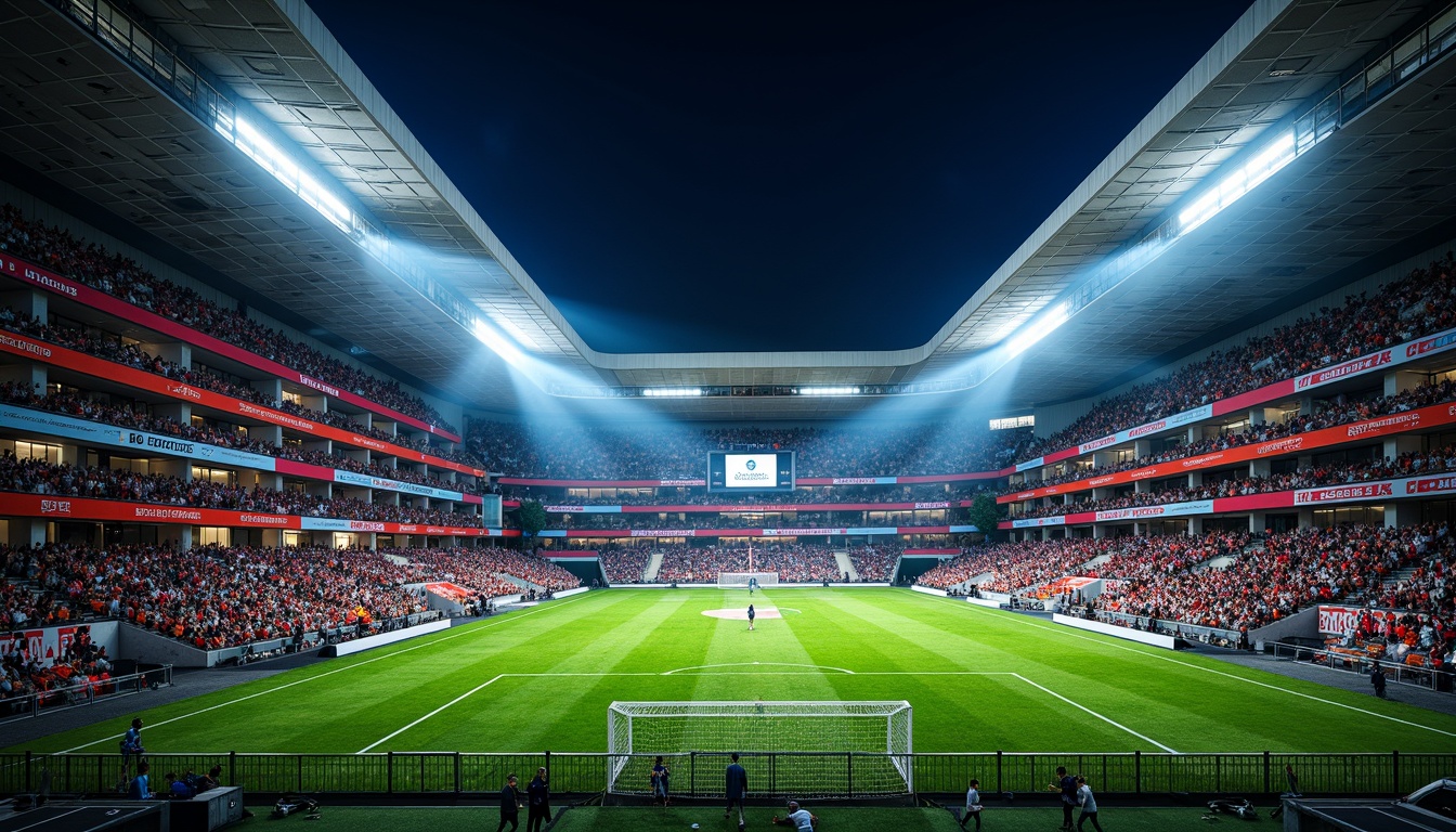 Prompt: Vibrant stadium atmosphere, energetic crowd seating, bold team color schemes, dynamic LED lighting, sleek modern architecture, geometric patterned fa\u00e7ade, transparent glass walls, metallic accents, lush green turf, athletic track lanes, scoreboard displays, dramatic floodlighting, 1/1 composition, shallow depth of field, cinematic camera angles.