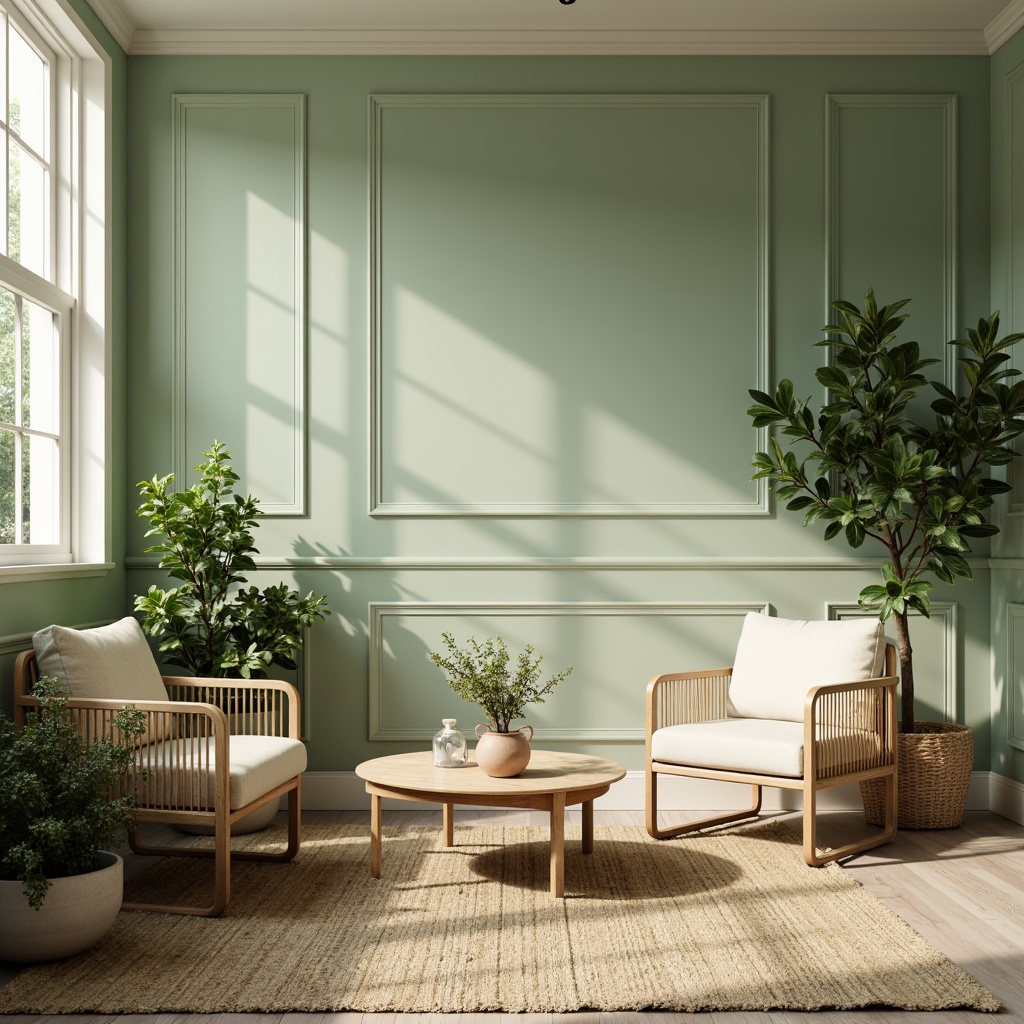 Prompt: Muted pale green walls, soft mint accents, creamy white trim, natural wood furnishings, woven rattan furniture, lush greenery, delicate florals, subtle botanical patterns, warm beige textures, gentle morning light, softbox lighting, shallow depth of field, 1/1 composition, intimate atmosphere, serene ambiance, realistic materials, ambient occlusion.