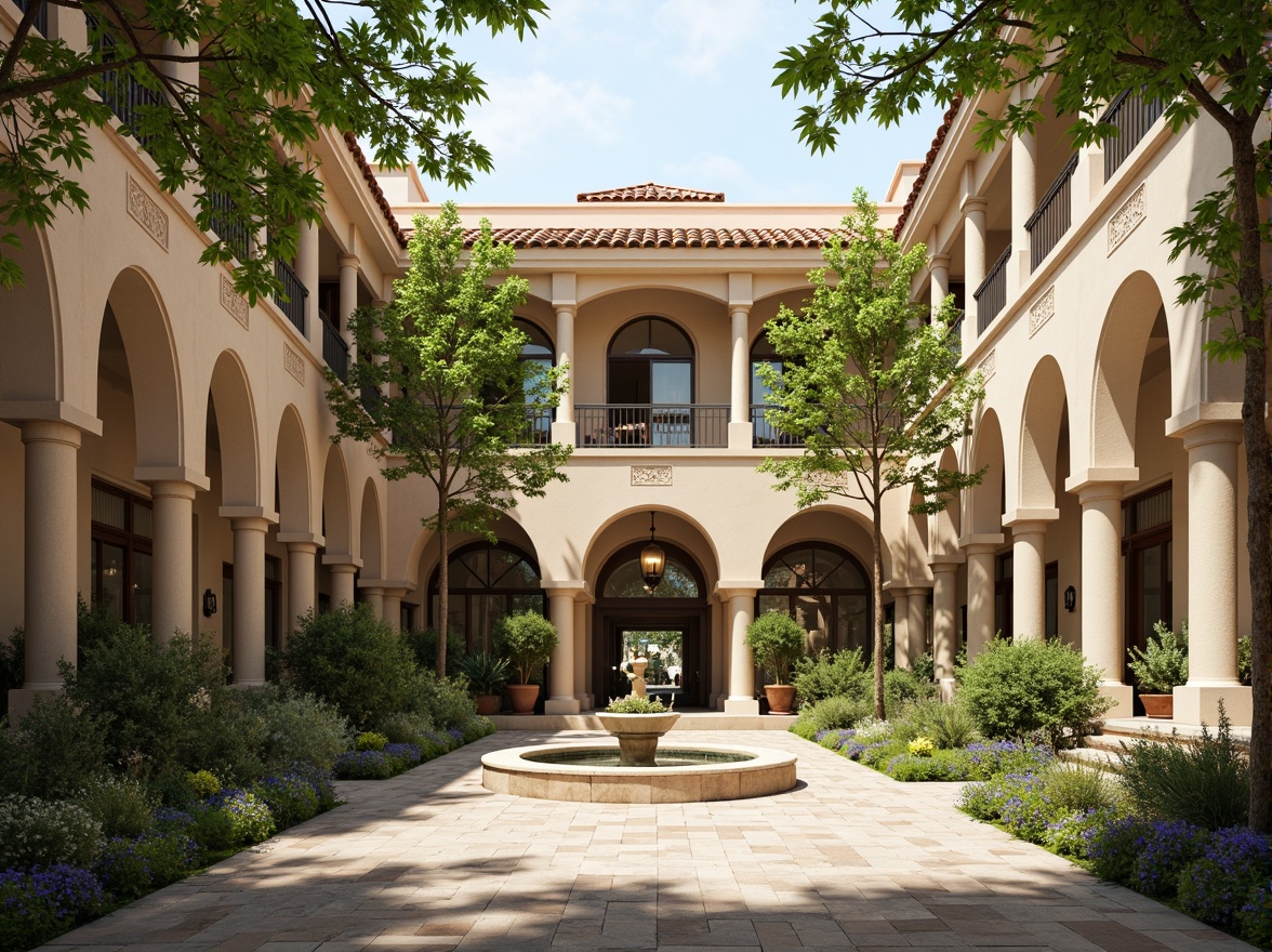 Prompt: Serene hospital courtyard, lush greenery, soft natural light, warm beige stone walls, rustic terracotta roof tiles, ornate archways, elegant columns, decorative capitals, calming pastel colors, soothing cream accents, earthy brown tones, gentle blue hues, subtle gold trim, intricate mosaics, natural materials, organic textures, ambient occlusion, shallow depth of field, 2/3 composition, warm soft lighting, realistic render.