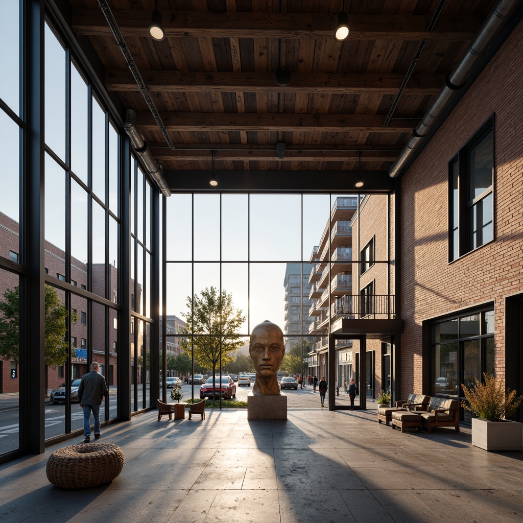 Prompt: Exposed brick walls, industrial metal frames, large glass windows, minimalist decor, modern warehouse aesthetic, urban cityscape, busy streets, afternoon sunlight, soft warm glow, shallow depth of field, 3/4 composition, realistic textures, ambient occlusion, reclaimed wood accents, polished concrete floors, steel beams, functional pipes, sleek LED lighting, geometric patterns, monochromatic color scheme, abstract art installations, avant-garde sculptures.