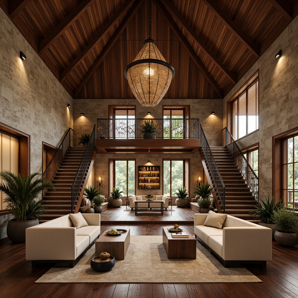 Prompt: Rustic villa, angular constructivist architecture, earthy tones, natural stone walls, wooden accents, geometric patterns, asymmetrical composition, dramatic lighting, deep shadows, atmospheric perspective, 1/1 aspect ratio, low-angle shot, warm color palette, intimate spaces, luxurious furnishings, ornate decorations, grand entrance, sweeping staircases, floor-to-ceiling windows, minimalist decor, industrial chic, brutalist elements.