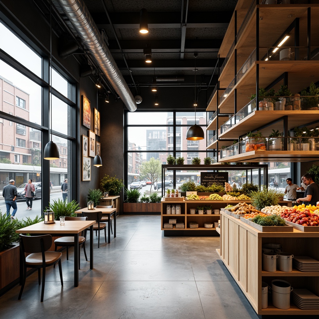 Prompt: Minimalist grocery store interior, industrial chic decor, exposed ductwork, polished concrete floors, reclaimed wood accents, functional metal shelving, pendant lamps, warm softbox lighting, natural daylight, large storefront windows, urban cityscape exterior, busy street scene, modern LED signage, bold color blocking, geometric patterns, clean lines, rectangular forms, functional simplicity, 1/1 composition, high-key lighting, subtle shadows.