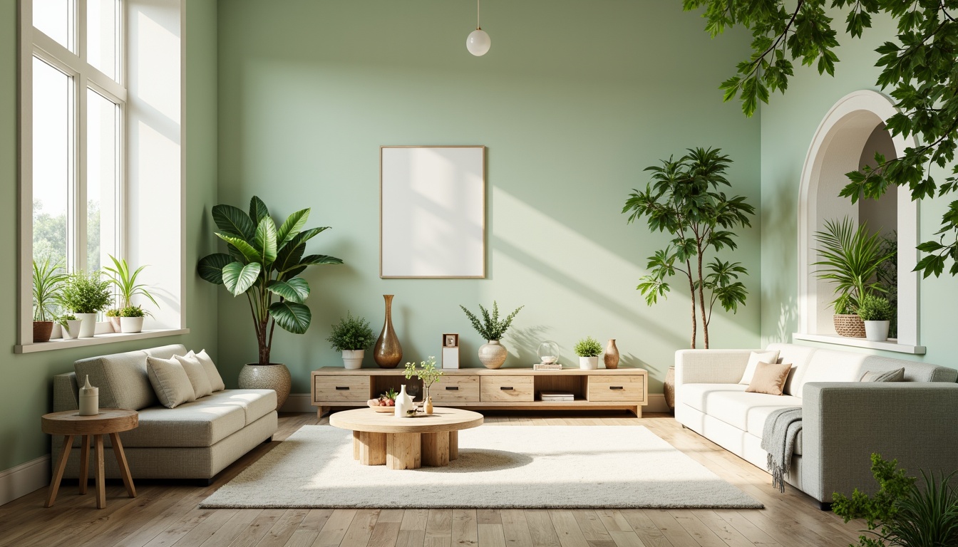 Prompt: Soft mint walls, pale lime accents, creamy white trim, natural wood textures, botanical patterns, lush greenery, airy open spaces, minimalist decor, Scandinavian-inspired design, large windows, soft warm lighting, shallow depth of field, 1/1 composition, realistic renderings, ambient occlusion.