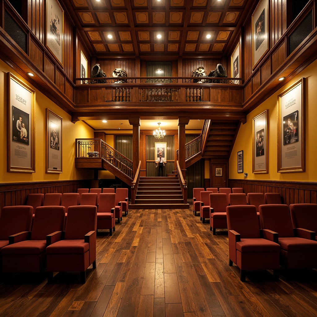 Prompt: Rustic wooden floorboards, warm golden lighting, cozy atmosphere, academic-style auditorium seating, vintage movie projectors, classic film posters, ornate plaster ceilings, grand chandeliers, elegant staircases, richly textured carpets, sophisticated sound systems, comfortable velvet chairs, dramatic curtains, cinematic color schemes, bold typography, nostalgic camera equipment displays, film-inspired artwork, intimate lecture spaces, modern audiovisual technology integration, shallow depth of field, 1/2 composition, soft focus, warm color grading.