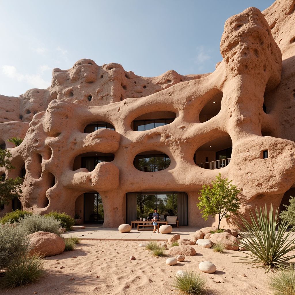 Prompt: Canyon-inspired facade, rugged stone walls, earthy tone colors, natural rock formations, cantilevered structures, asymmetrical compositions, organic curves, desert vegetation, cacti plants, sandy terrain, warm sunny day, soft diffused lighting, shallow depth of field, 2/3 composition, wide-angle lens, realistic textures, ambient occlusion.