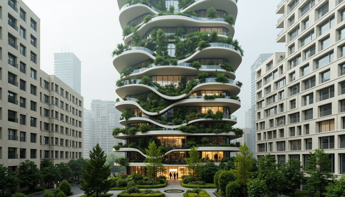 Prompt: Eco-friendly skyscraper, organic curves, lush green walls, solar panels, wind turbines, rainwater harvesting systems, recycled materials, natural ventilation, living roofs, urban gardens, vibrant plant life, misty atmosphere, soft diffused lighting, 1/1 composition, symmetrical balance, futuristic yet natural aesthetic, minimalist details, sustainable energy solutions, innovative water management, Arabic-inspired geometric patterns, warm earthy tones, ambient occlusion.