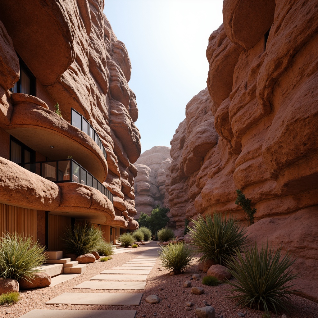 Prompt: Rugged canyon landscape, earthy tones, rocky formations, layered sedimentary rocks, rusty red hues, sandy textures, weathered wooden accents, natural stone pathways, winding trails, serene atmosphere, soft warm lighting, misty mornings, 3/4 composition, panoramic view, realistic rock textures, ambient occlusion, modern minimalist architecture, sleek metal railings, glass balconies, desert flora, cactus silhouettes.