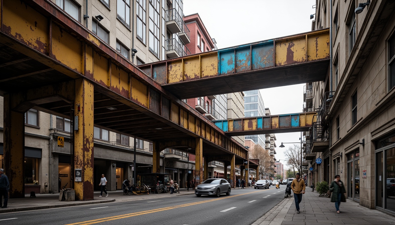 Prompt: Industrial urban landscape, metallic bridges, rusted steel beams, riveted columns, bold structural elements, vibrant primary colors, stark contrasts, geometric shapes, abstract compositions, dynamic diagonal lines, fragmented forms, distressed concrete textures, brutalist architecture, urban renewal projects, cityscape views, overcast skies, dramatic shadows, high-contrast lighting, cinematic atmosphere, 3/4 composition, wide-angle lens, realistic renderings.