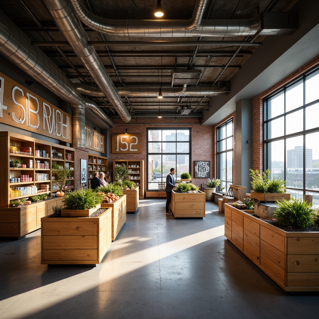 Prompt: Industrial-chic grocery store, primary colors, bold typography, functional shelving, exposed ductwork, polished concrete floors, minimalist product displays, geometric patterns, angular lines, rectangular shapes, natural light pouring in through large windows, urban cityscape views, early morning sunlight, soft shadows, shallow depth of field, 1/2 composition, realistic textures, ambient occlusion.