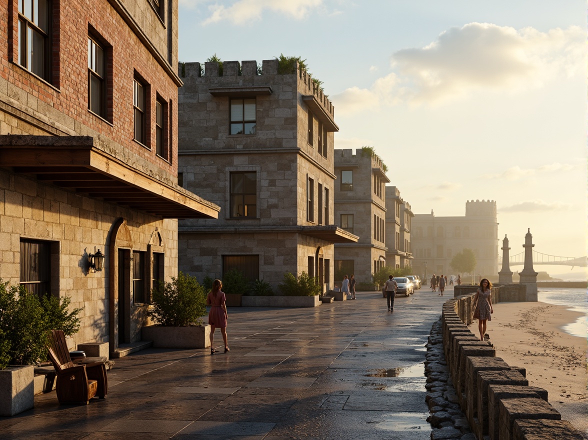 Prompt: Weathered coastal walls, rugged stone masonry, salt-sprayed brick facades, wave-crashed piers, sturdy sea defenses, ocean-battered fortifications, driftwood-inspired accents, sandy beachside promenades, salty misty atmosphere, warm golden lighting, 3/4 composition, rustic textures, ambient occlusion.